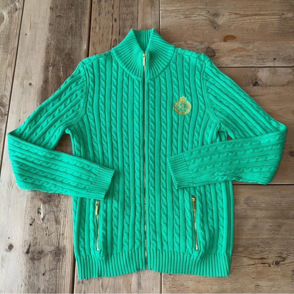 Lauren Ralph Lauren Green Zip Front Cardigan Cable Knit Sweater Women’s Size L